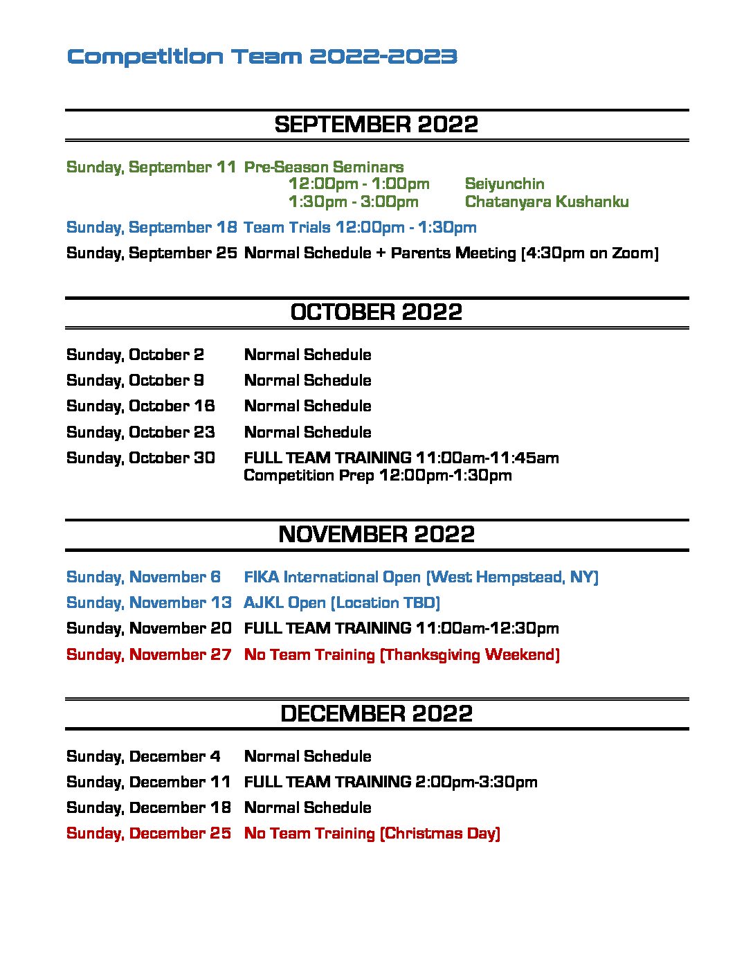 2022-2023 Competition Team Schedule | Edge Martial Arts